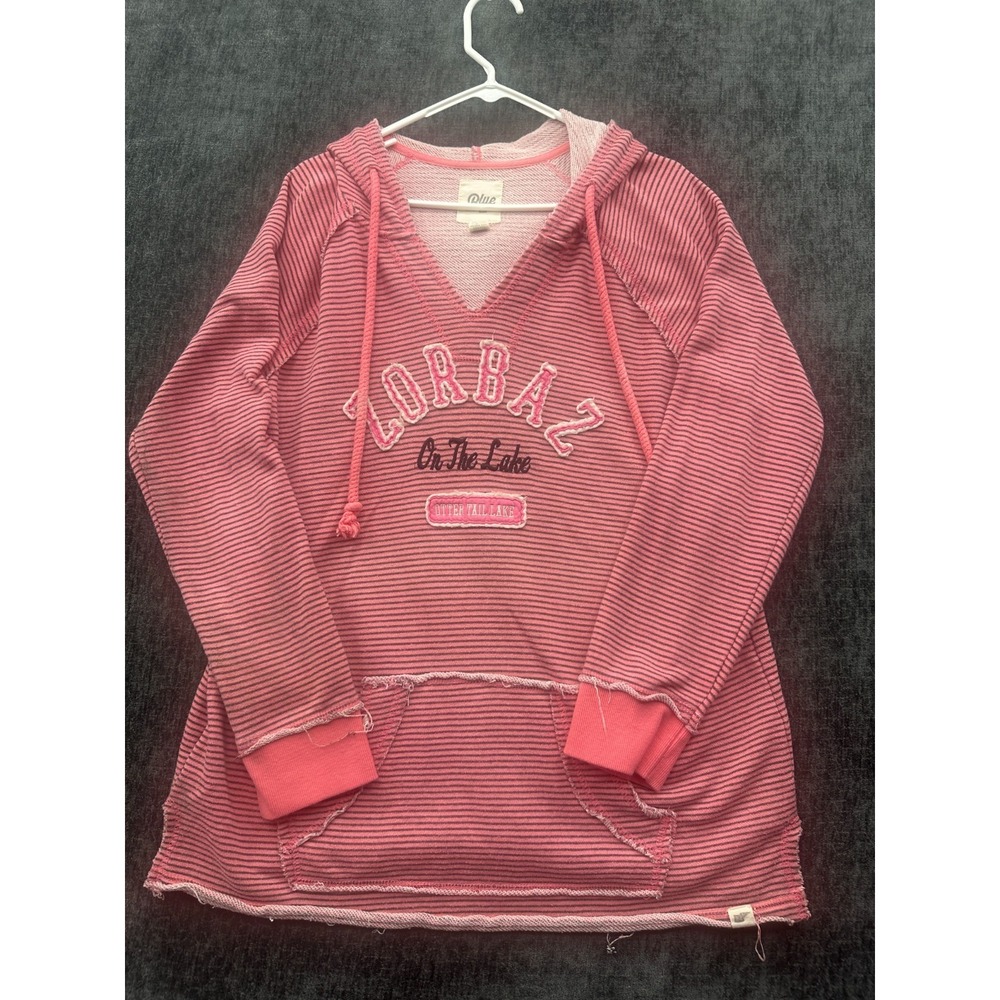 Blue 84 Hoodie Womens XL Pink‎ Striped Zorbaz Otter Tail Lake Pullover Raw Hem